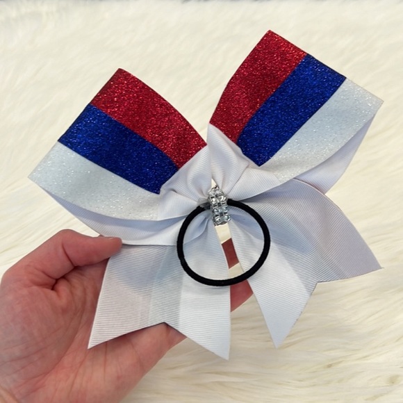 Large Cheer Bow, Red White and Blue, Sparkling colors with Rhinestones - Picture 2 of 3